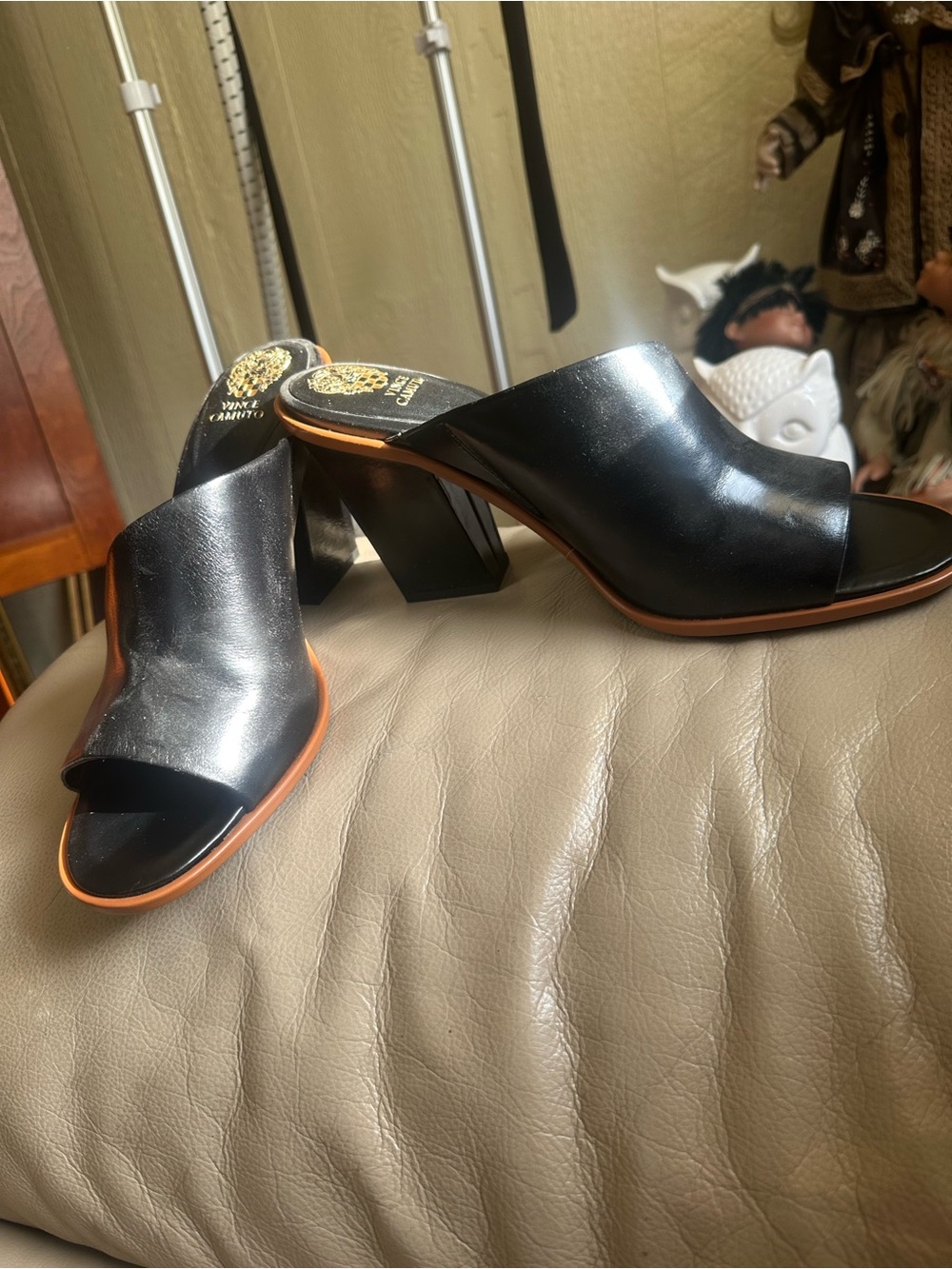 Vince Camuto Black Leather Open-Toe Mules with Tan Trim